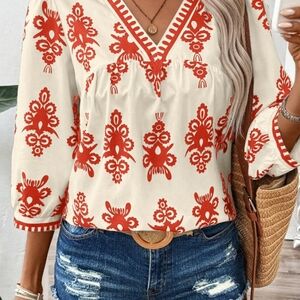 Orange and White Relaxed Embellished Blouse 3/4 Sleeve